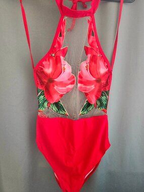 NWOT Tropical Red Halter Floral Swimsuit Size M